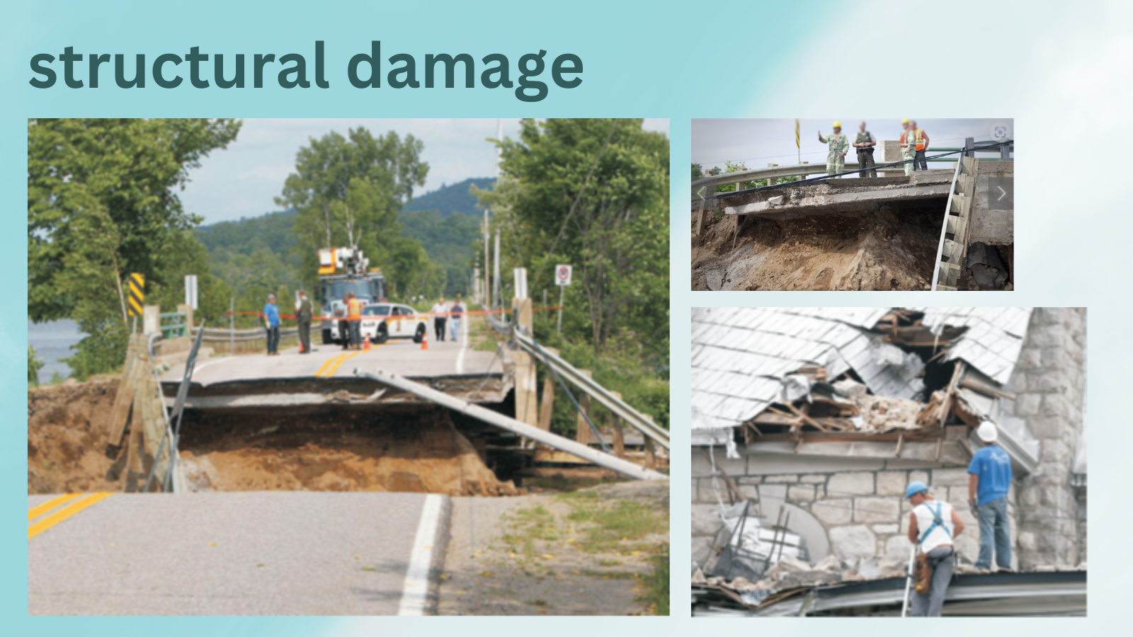 Images of church building, road and bridge damage following an earthquake in Quebec’s Val-des-Bois area. 